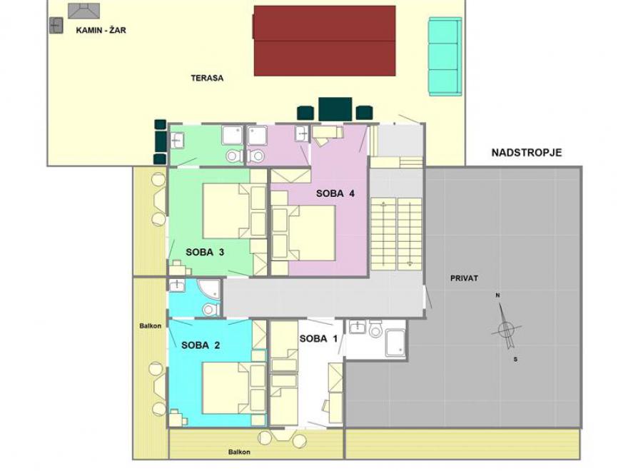 Tloris sobe, prikazuje razporeditev za udobno apartma namestitev z wellness, spa, jacuzzi, savna.